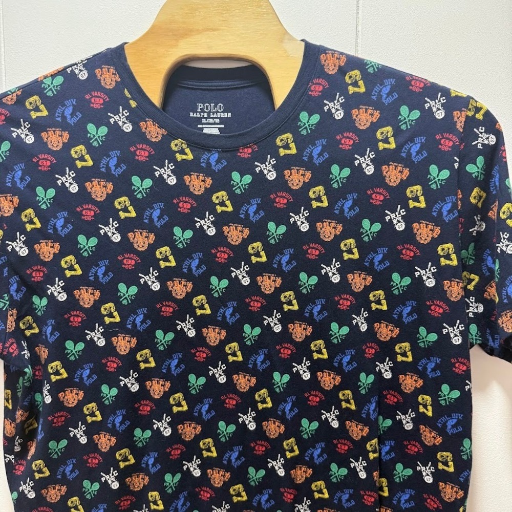 Polo Ralph Lauren Mens XL Navy Blue All Over Collegiate Varsity Print T-Shirt - Picture 2 of 5